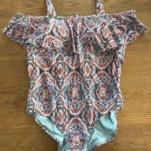 Raisins Multicolor 18W Strapless Off the Shoulder Flounce One Piece Swimsuit E